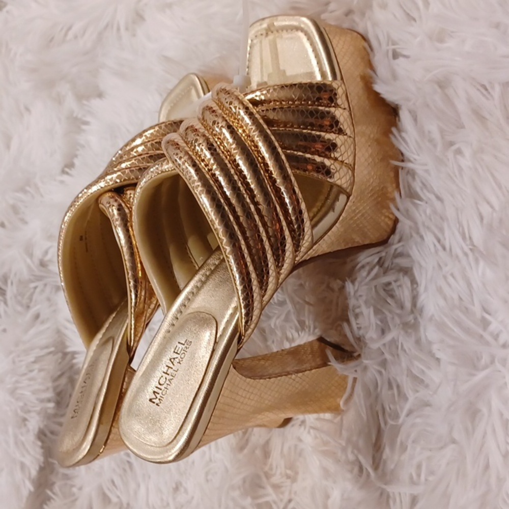 Michael Kors Womens Portia Gold Quilted Leather Platform Sandals Shoes NEW